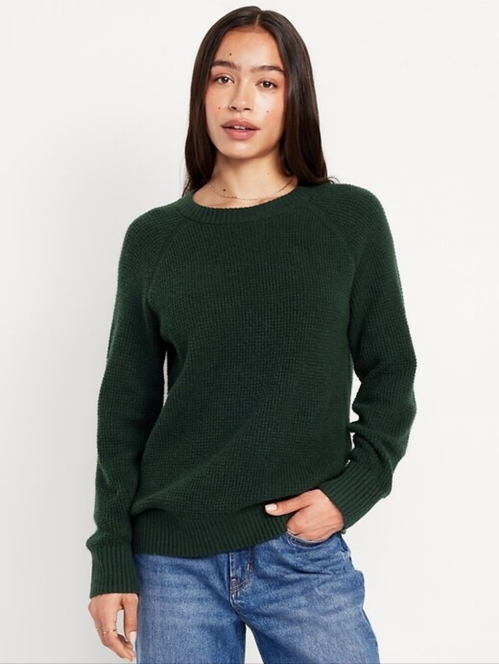 Dark Forest Green Waffle Knit Crewneck Sweater